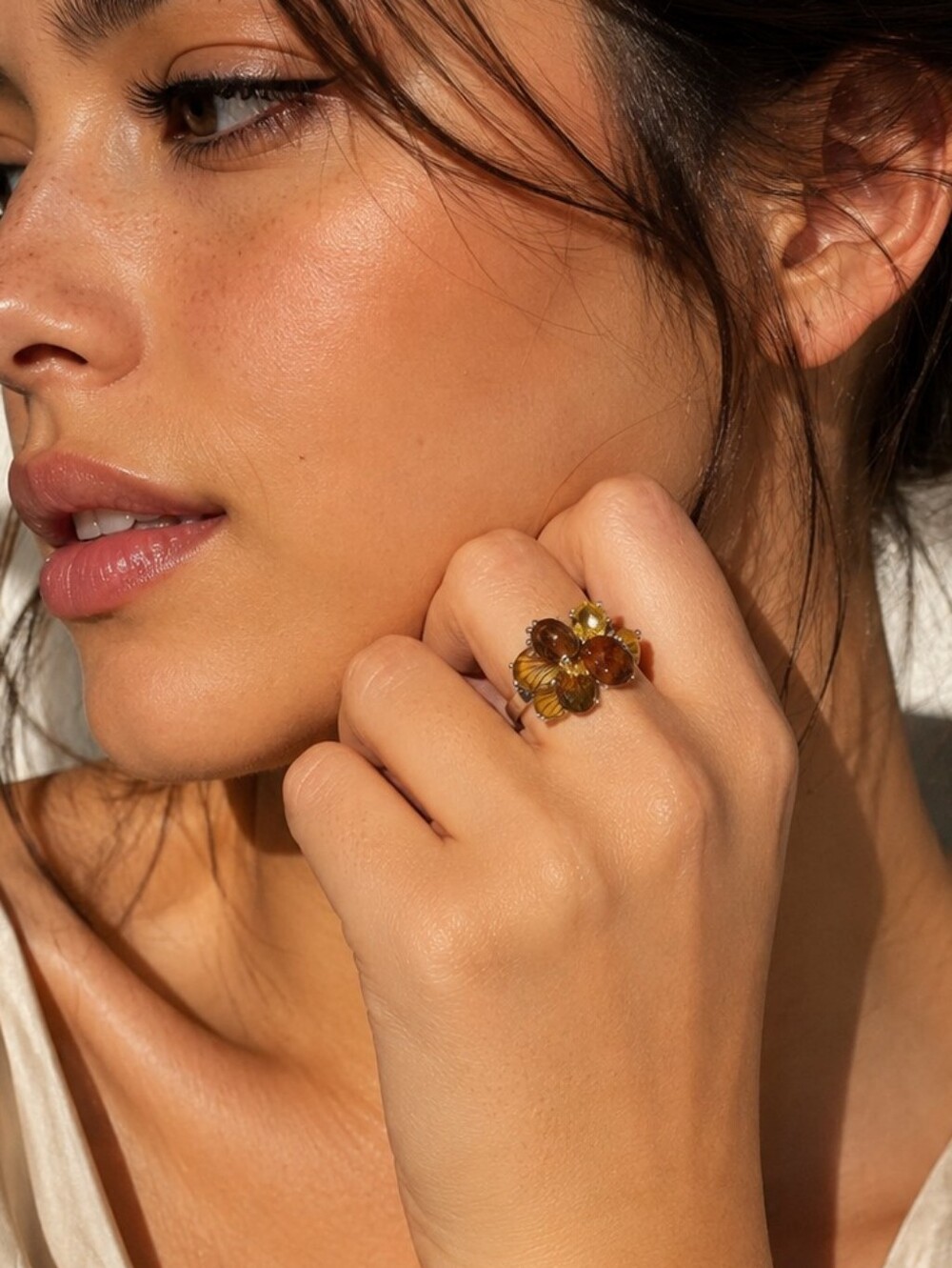 Tiger Eye Adjustable Statement Ring | Brown Beaded Crystal Fashion Ring